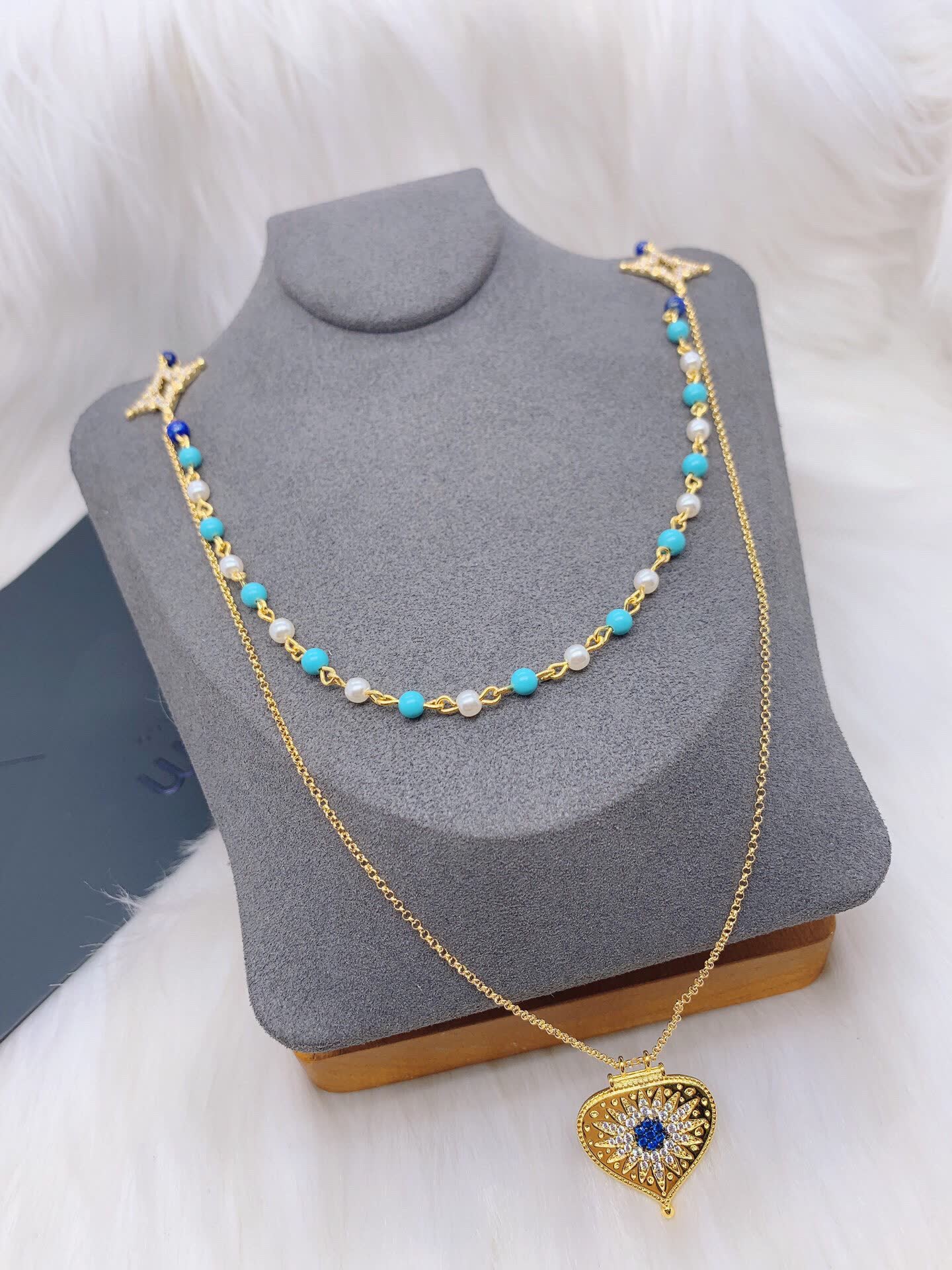 APM Monaco Elegant Double Layered Gold Plated Necklace with Turquoise and Pearl Beads